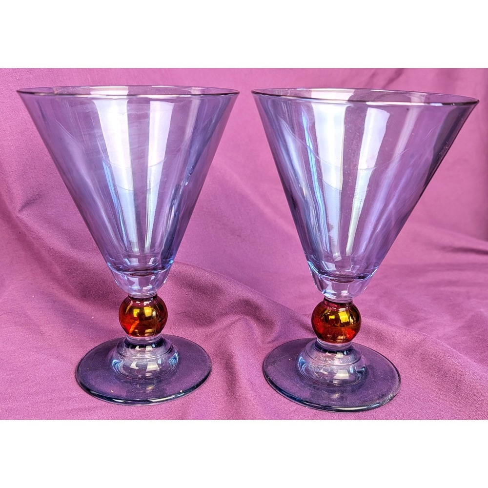 2 Vintage Italian Si-An Wine Cocktail Martini Glass - Blue/Amber Ball Stem 6"